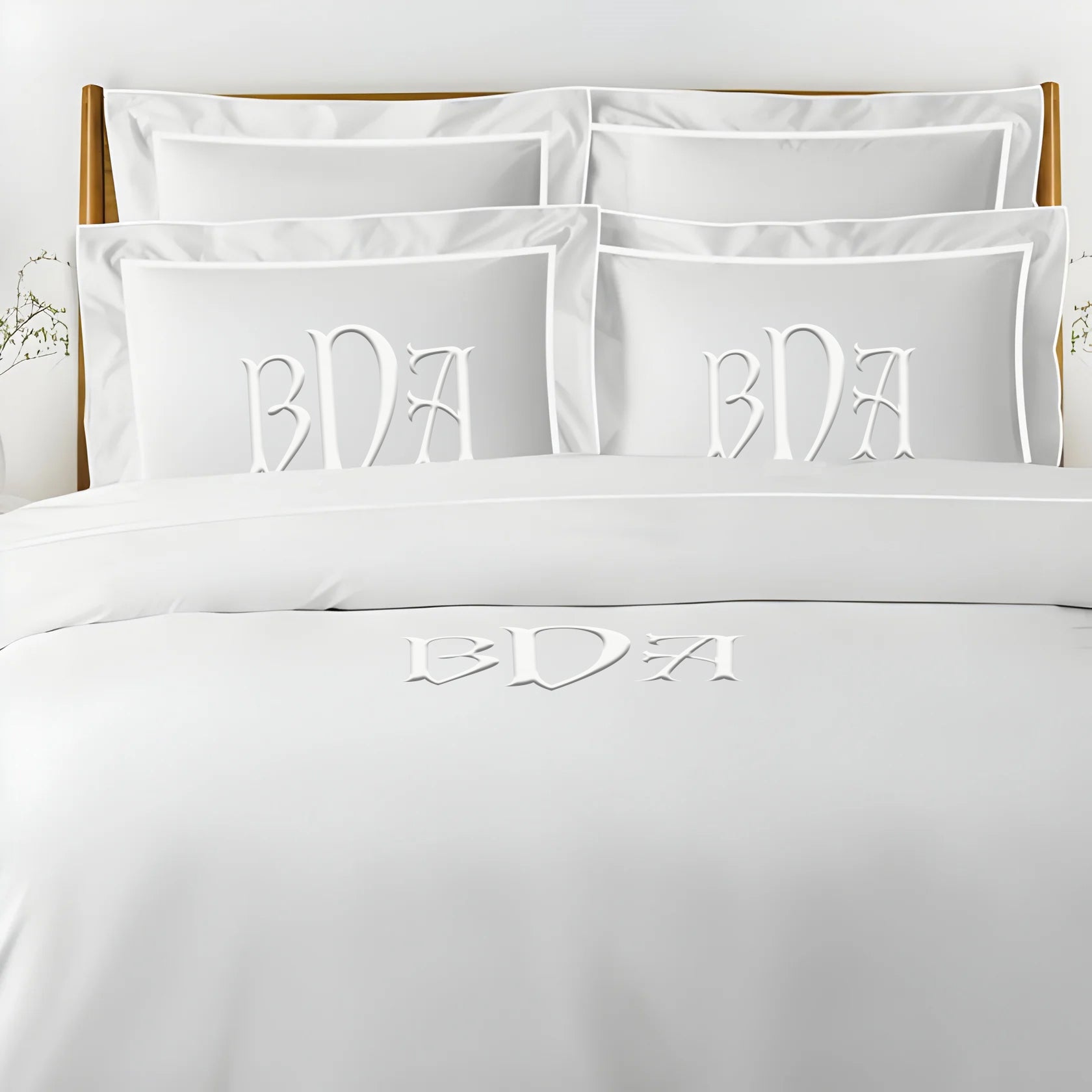 Monogram Embroidery & Border Cotton Sateen Solid Duvet Cover Set