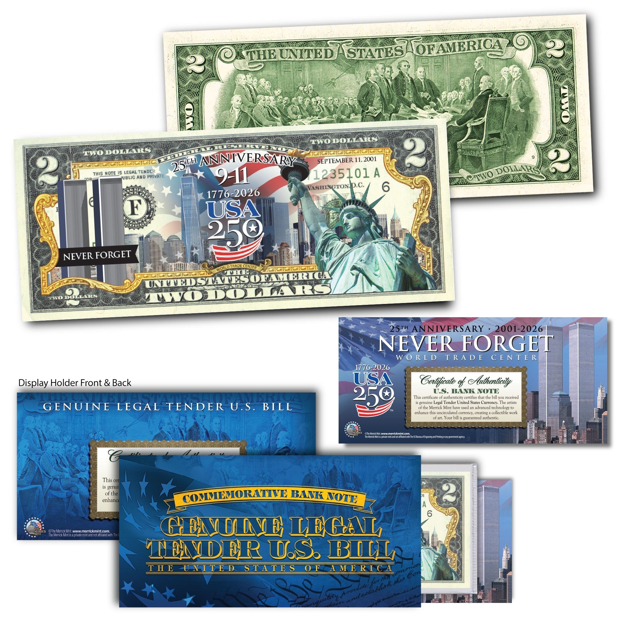 Gedenk-2-Dollar-Schein zum 25. Jahrestag von 9/11 + 250. Jahrestag Amerikas