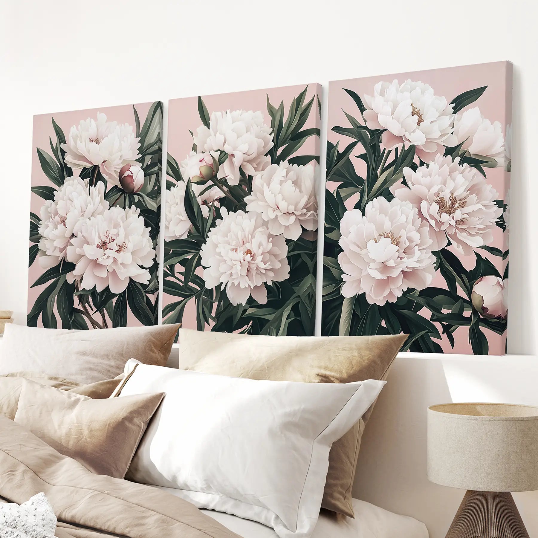 Pfingstrosen Blumen Wandkunst 3er Set. Rosa und Grüne Dekoration