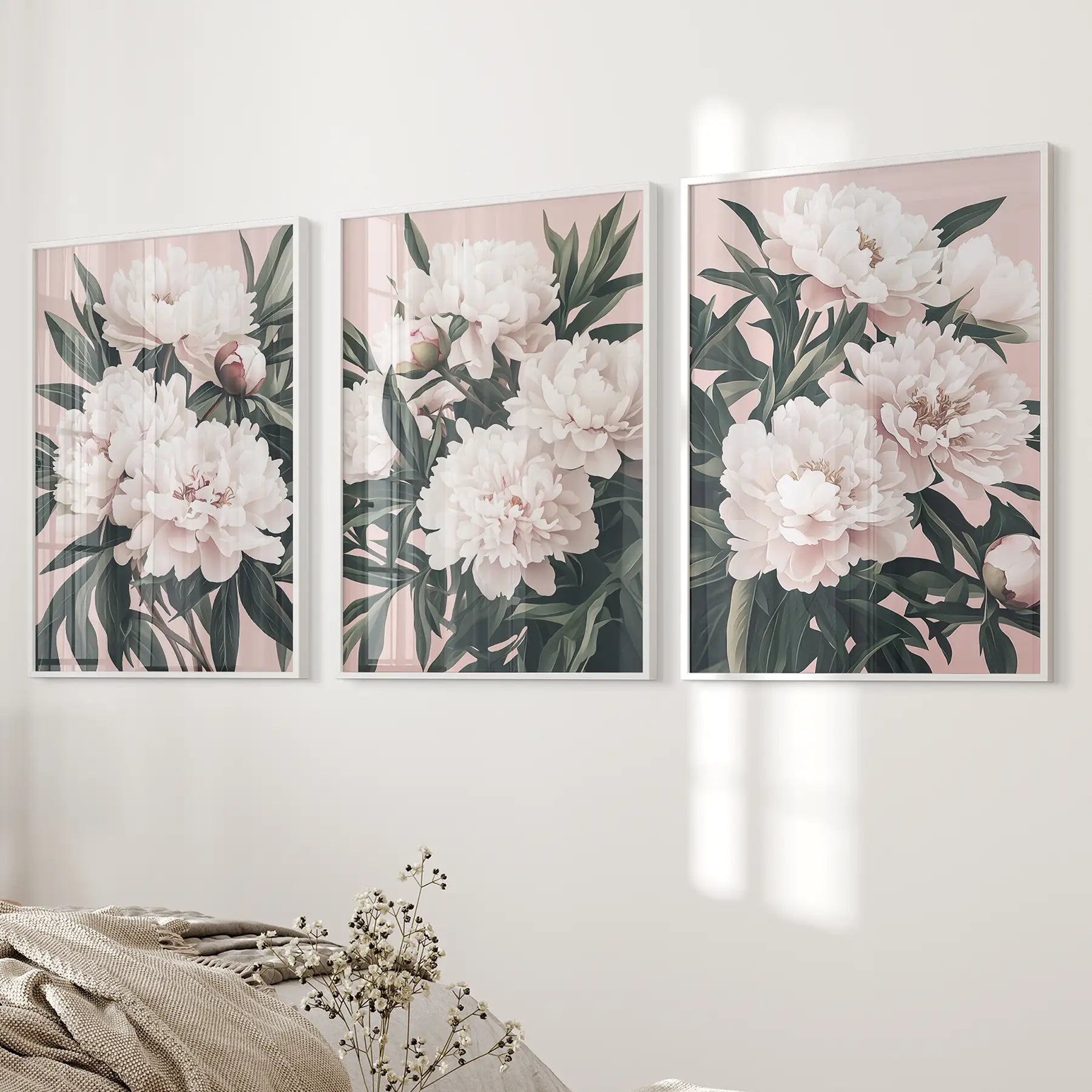 Pfingstrosen Blumen Wandkunst 3er Set. Rosa und Grüne Dekoration