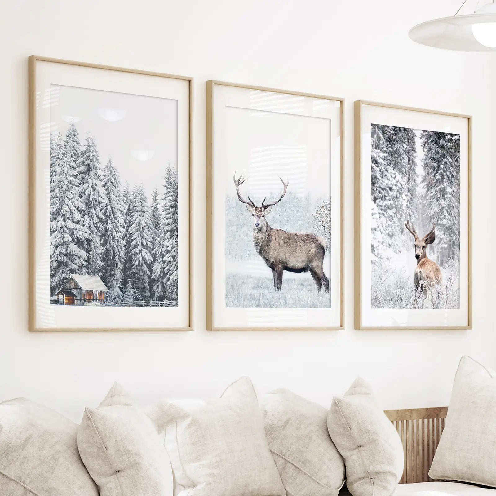 Winter Tier Wanddekor-Set, 3-teilig. Schneebedeckter Wald, Reh