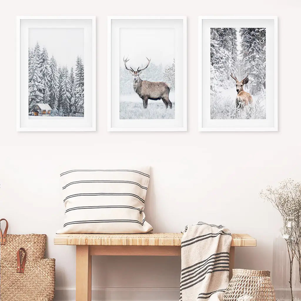 Winter Tier Wanddekor-Set, 3-teilig. Schneebedeckter Wald, Reh