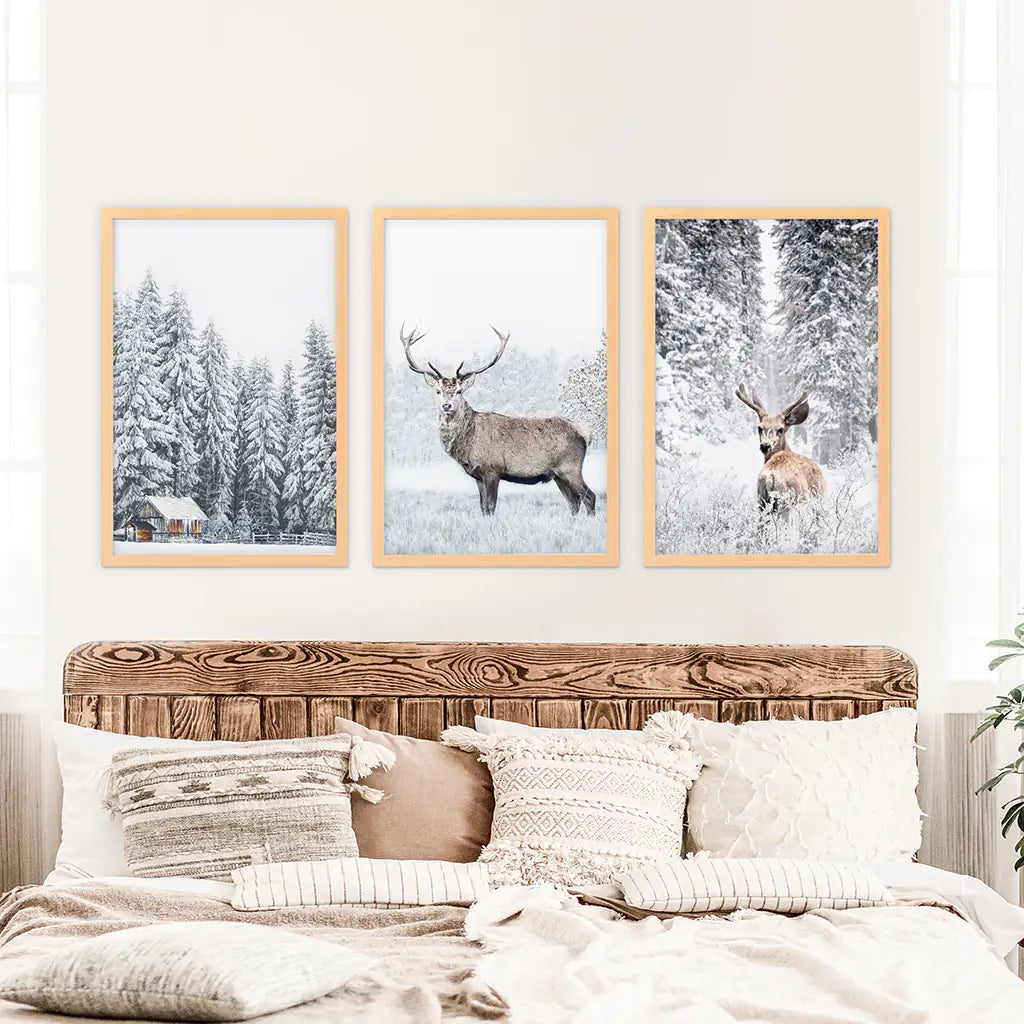 Winter Tier Wanddekor-Set, 3-teilig. Schneebedeckter Wald, Reh