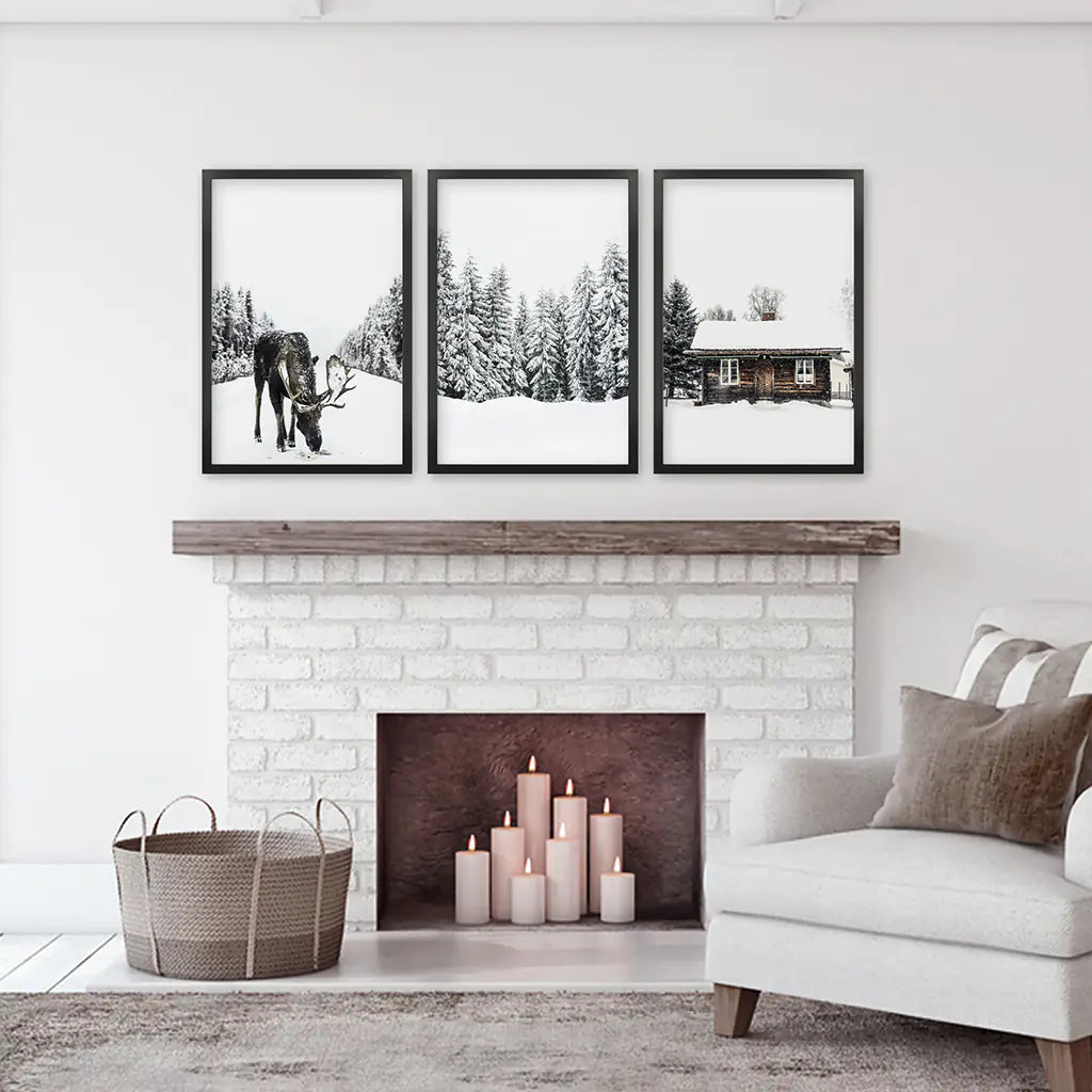 Winterliches Triptychon mit Elch, Blockhütte und Wald