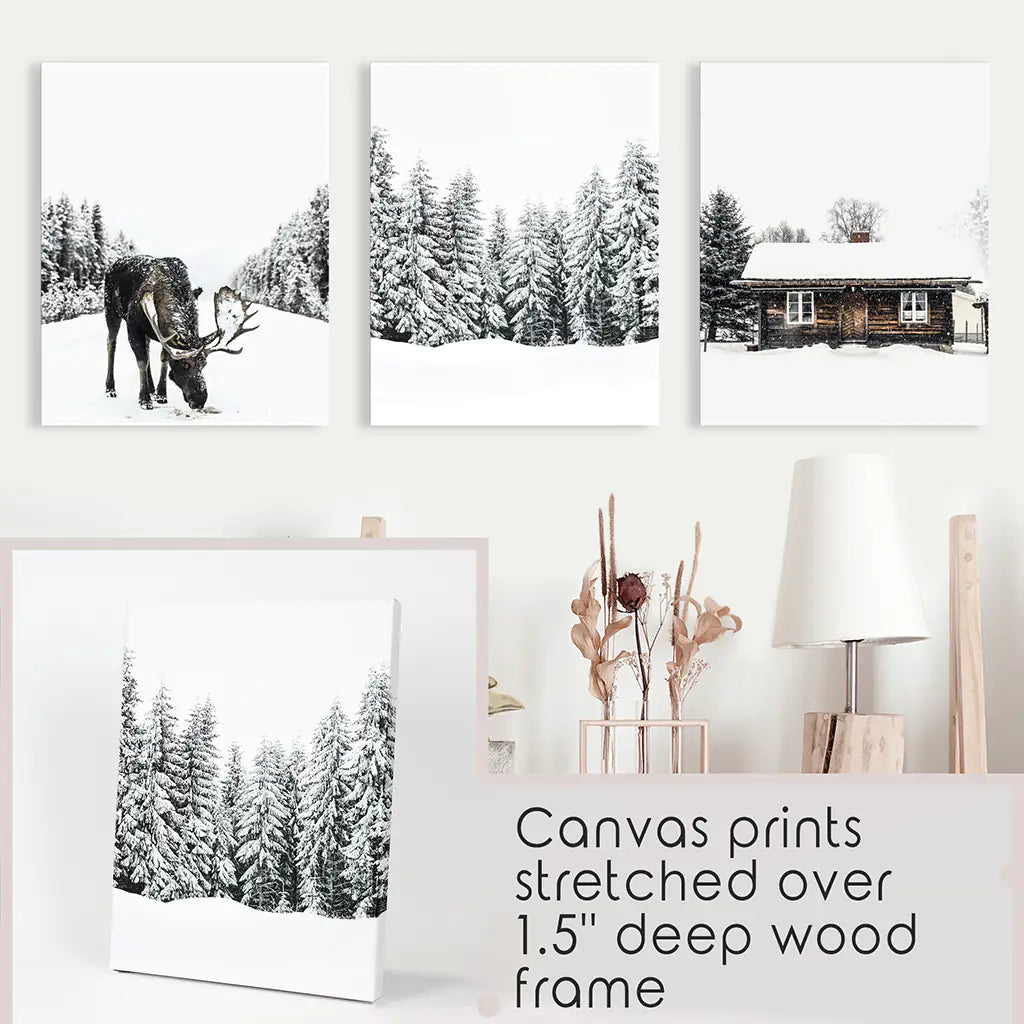 Winterliches Triptychon mit Elch, Blockhütte und Wald