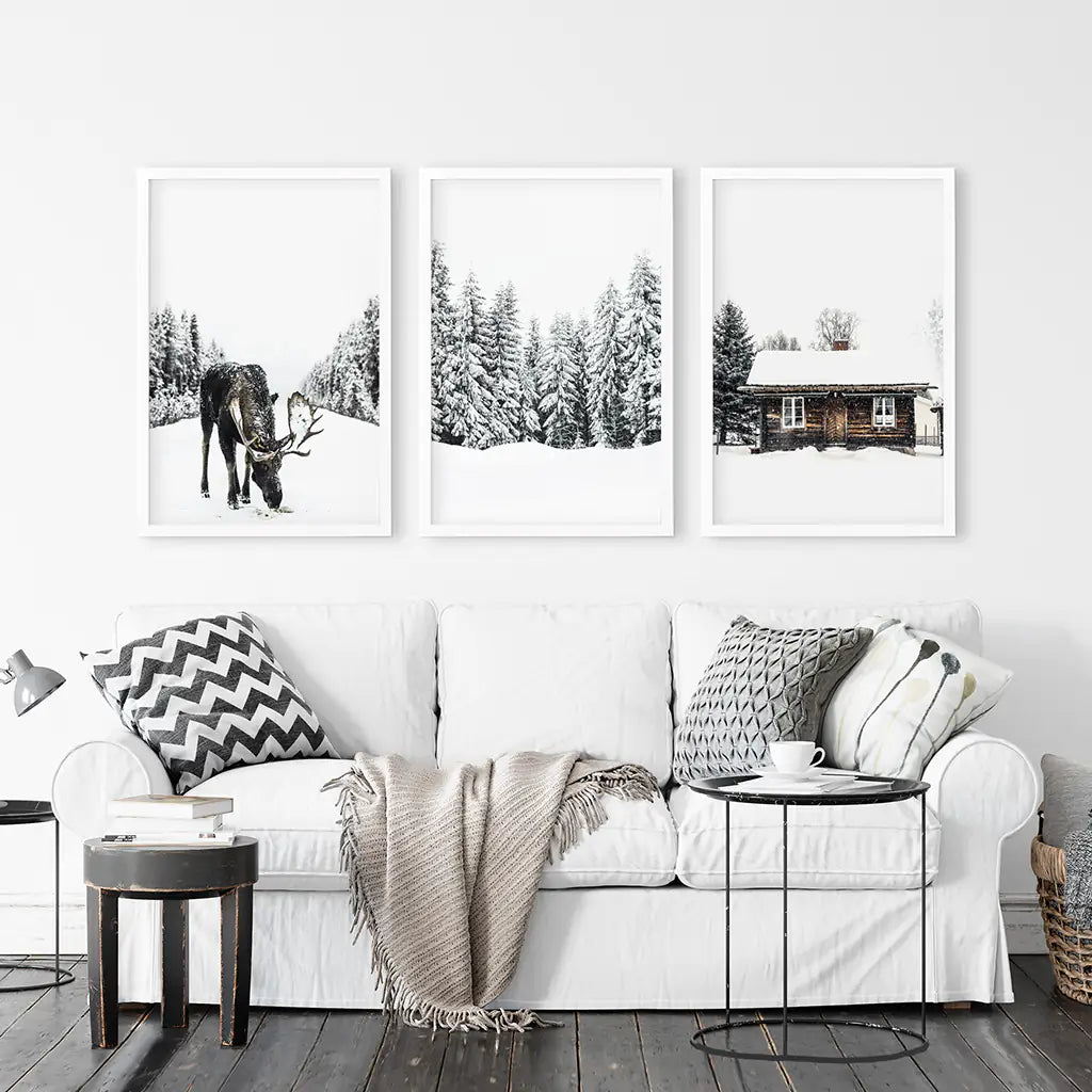 Winterliches Triptychon mit Elch, Blockhütte und Wald