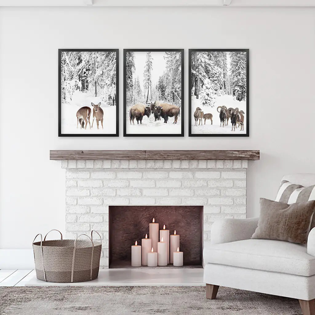 Wintertiere Wandbild Set mit 3. Büffel, Reh, Ziege