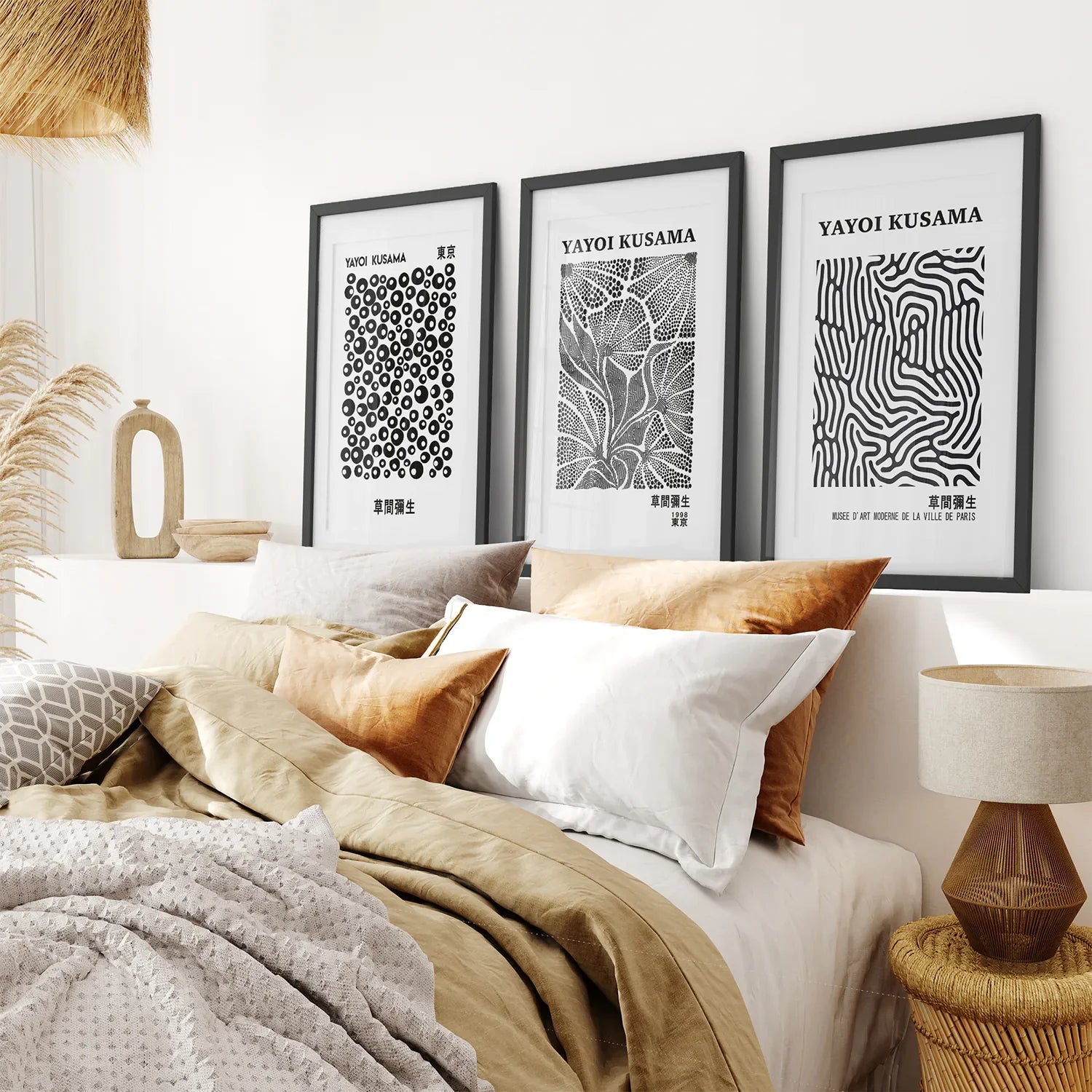 Schwarz-Weißes 3-teiliges abstraktes Kusama-Kunstset