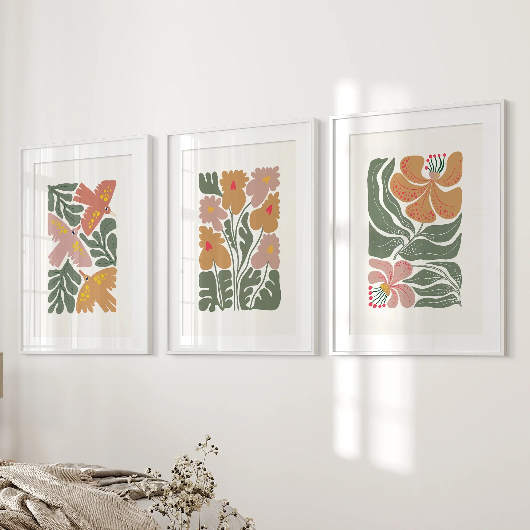 Abstract Botanical Set of 3 Prints. Retro Flower Gallery Art