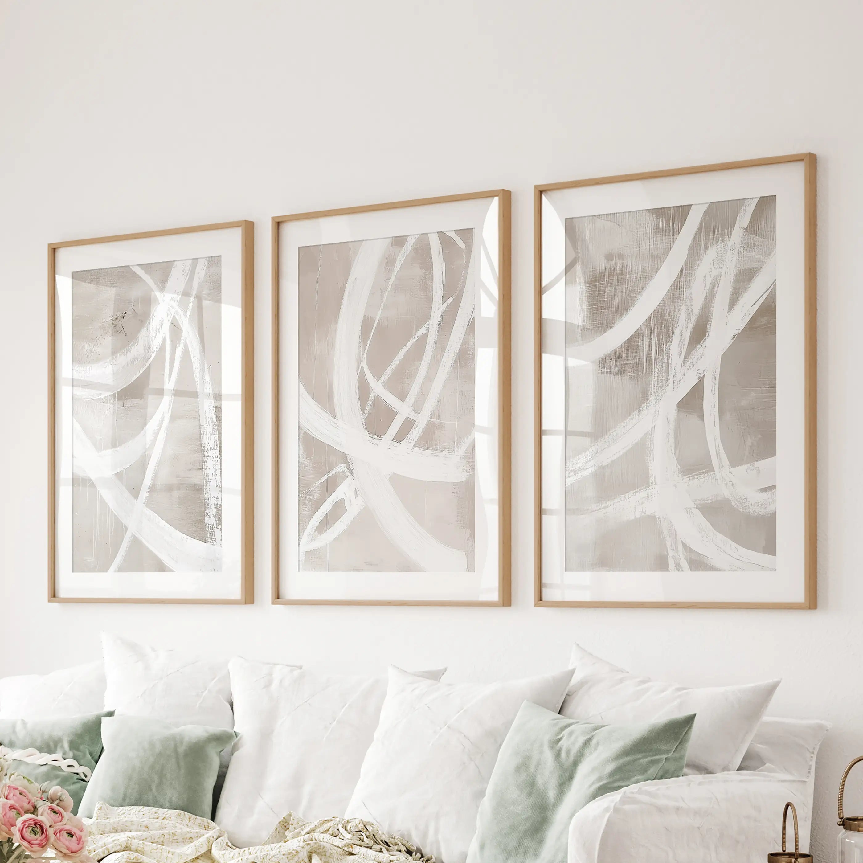 Modern Minimalist Abstract Triptych. Neutral Brush Stroke Art