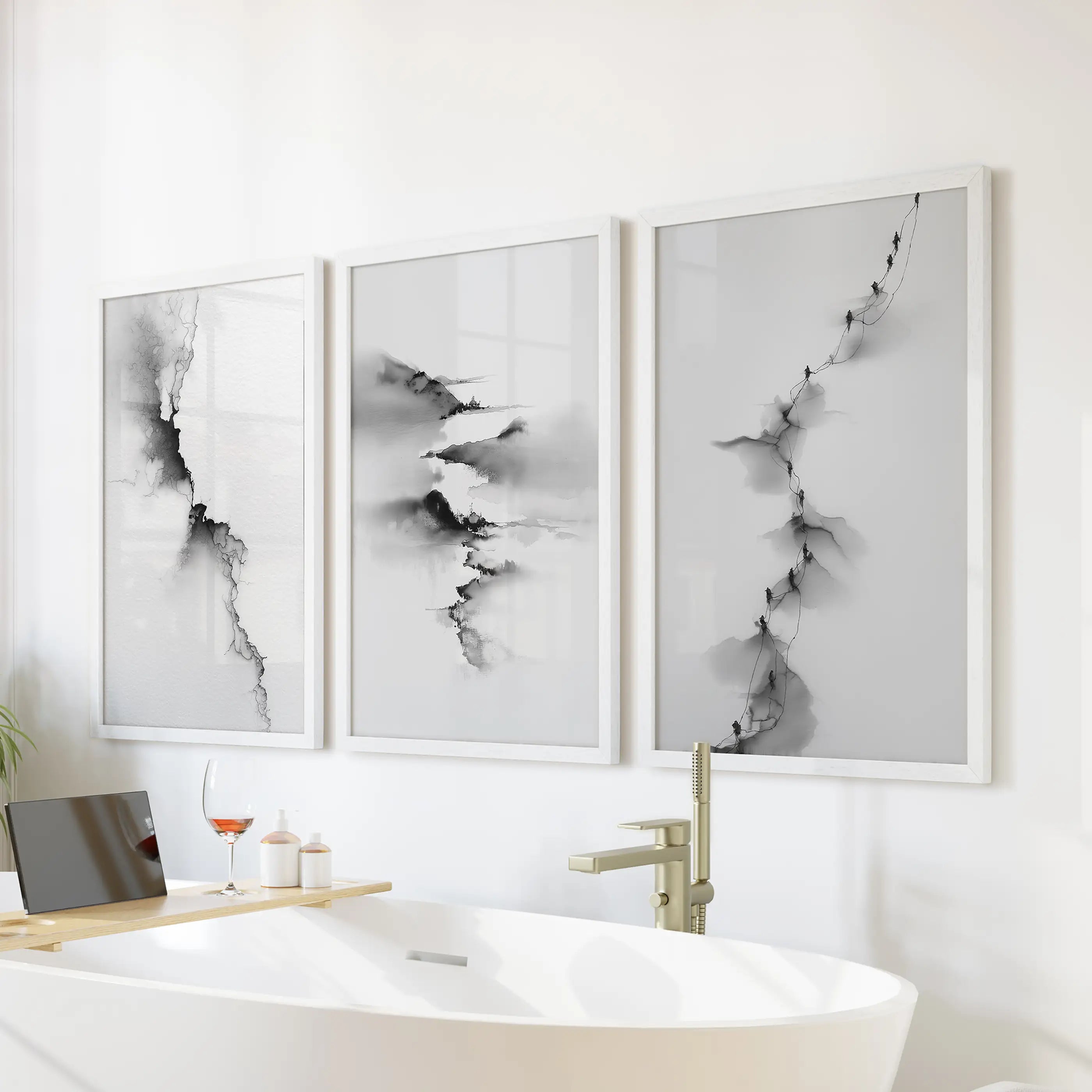 Abstract Mountain 3 Piece Wall Art. Black White Minimalist