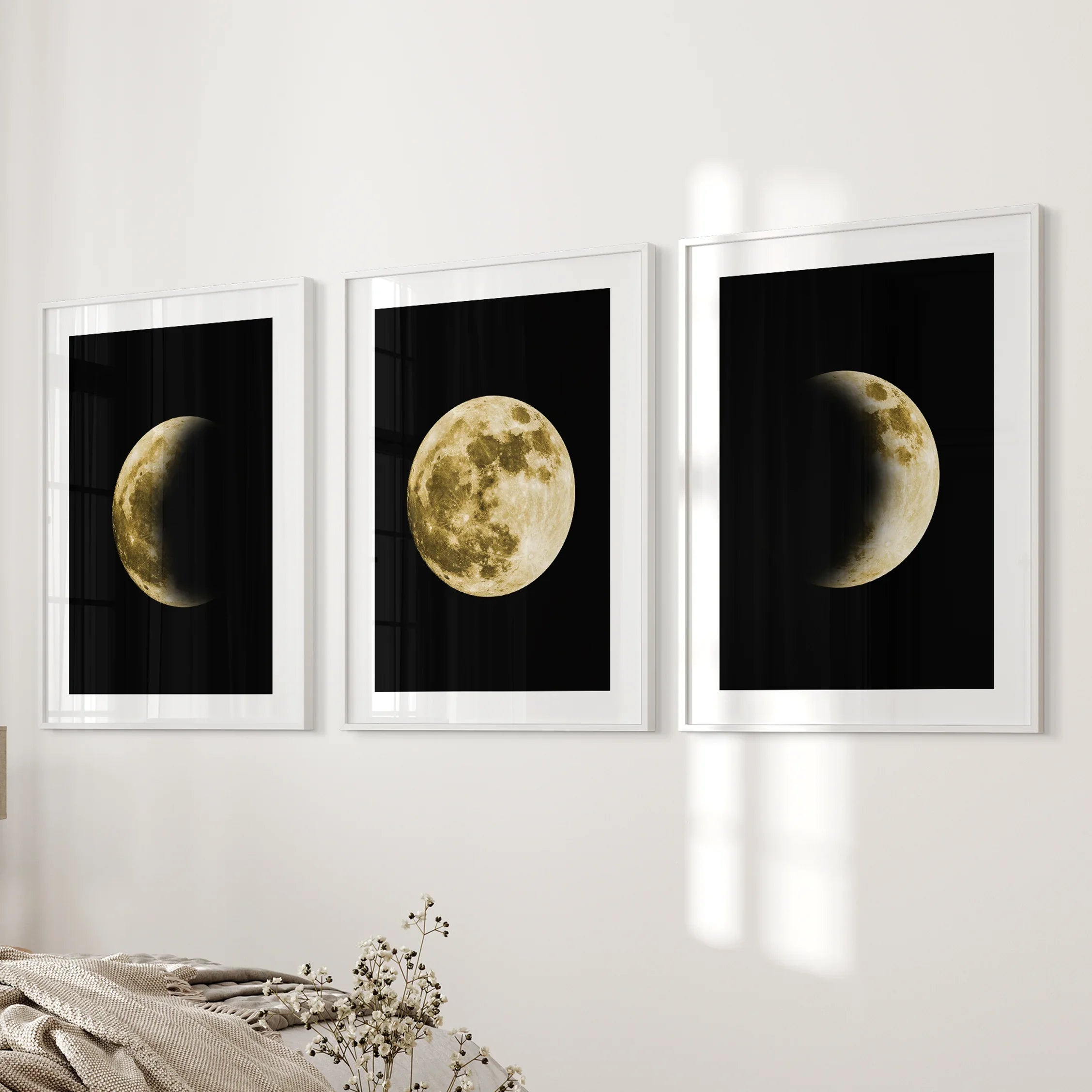 Celestial Moon 3 Piece Wall Decor. Gold Full Moon, Phases