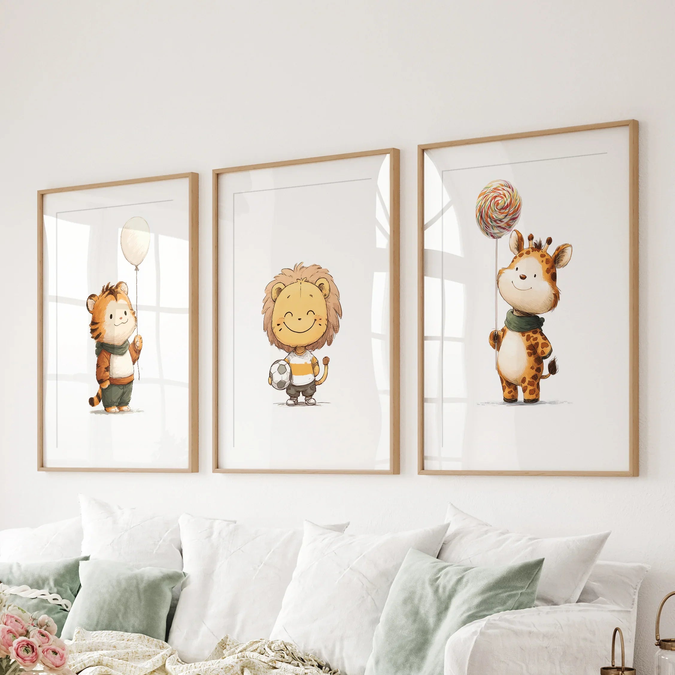 Woodland Jungle Set of 3 Prints. Lion, Giraffe, Tiger Art