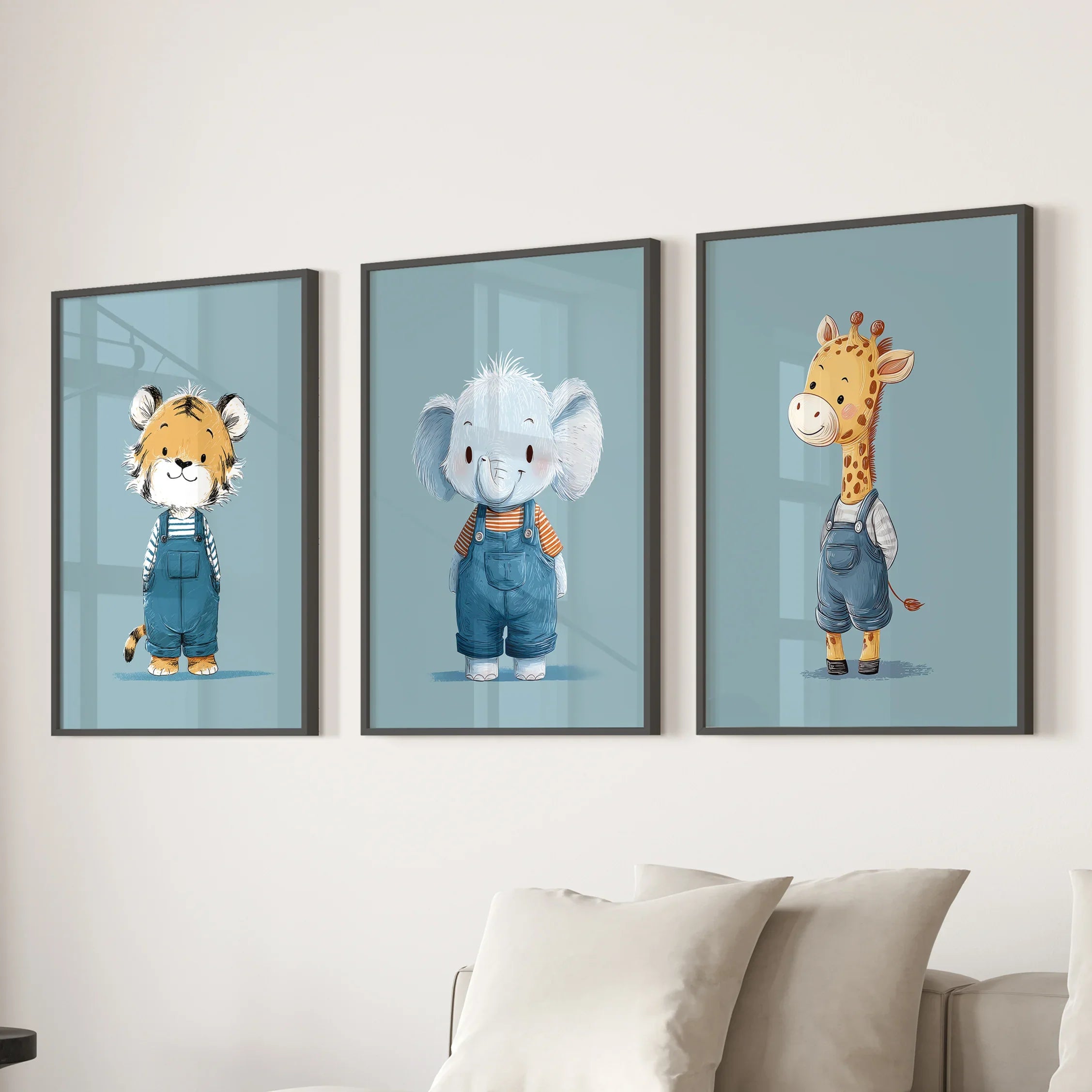 Safari Nursery Wall Art Set of 3. Baby Elephant, Giraffe, Tiger