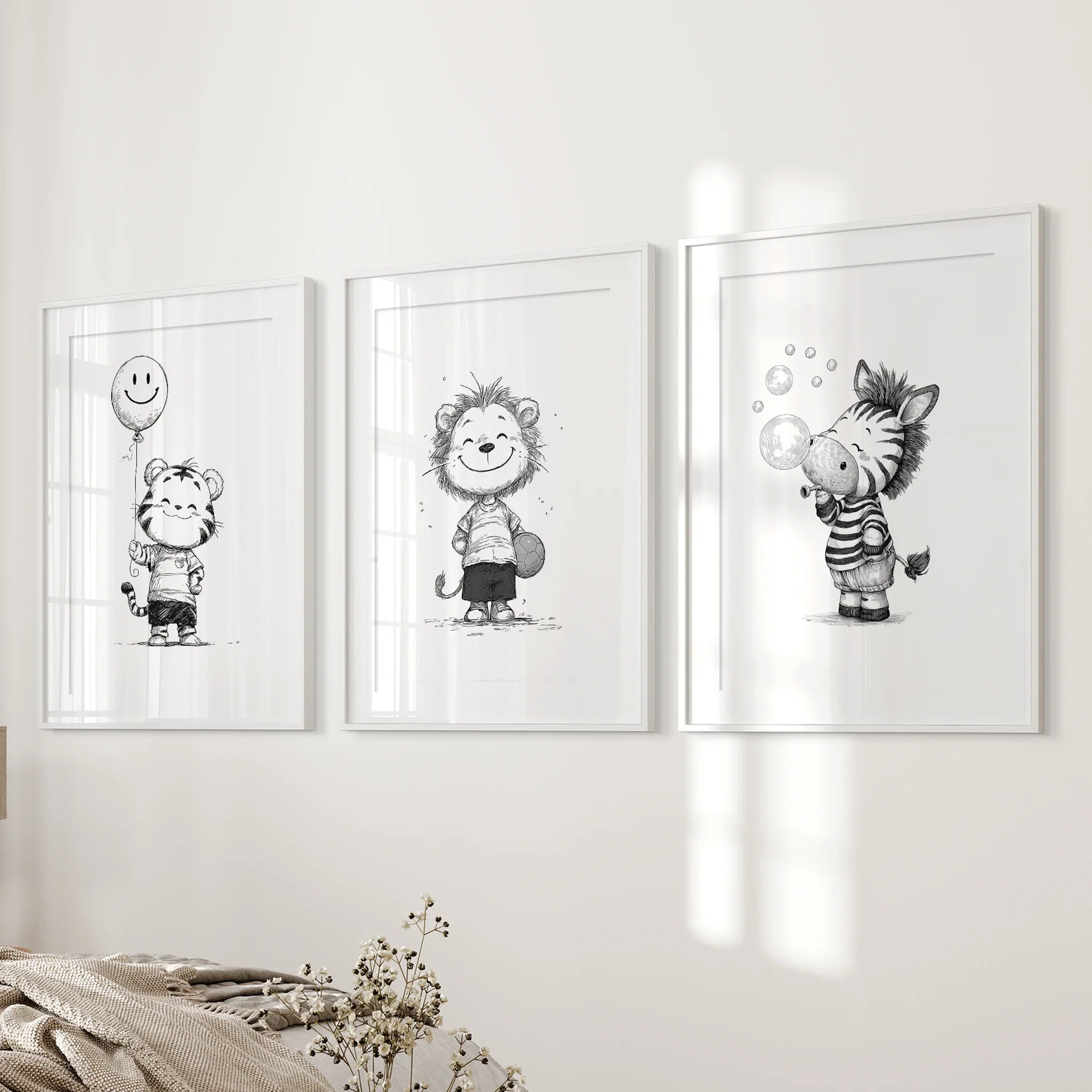 Black White Gender-Neutral Nursery Art Set. Lion Tiger Zebra