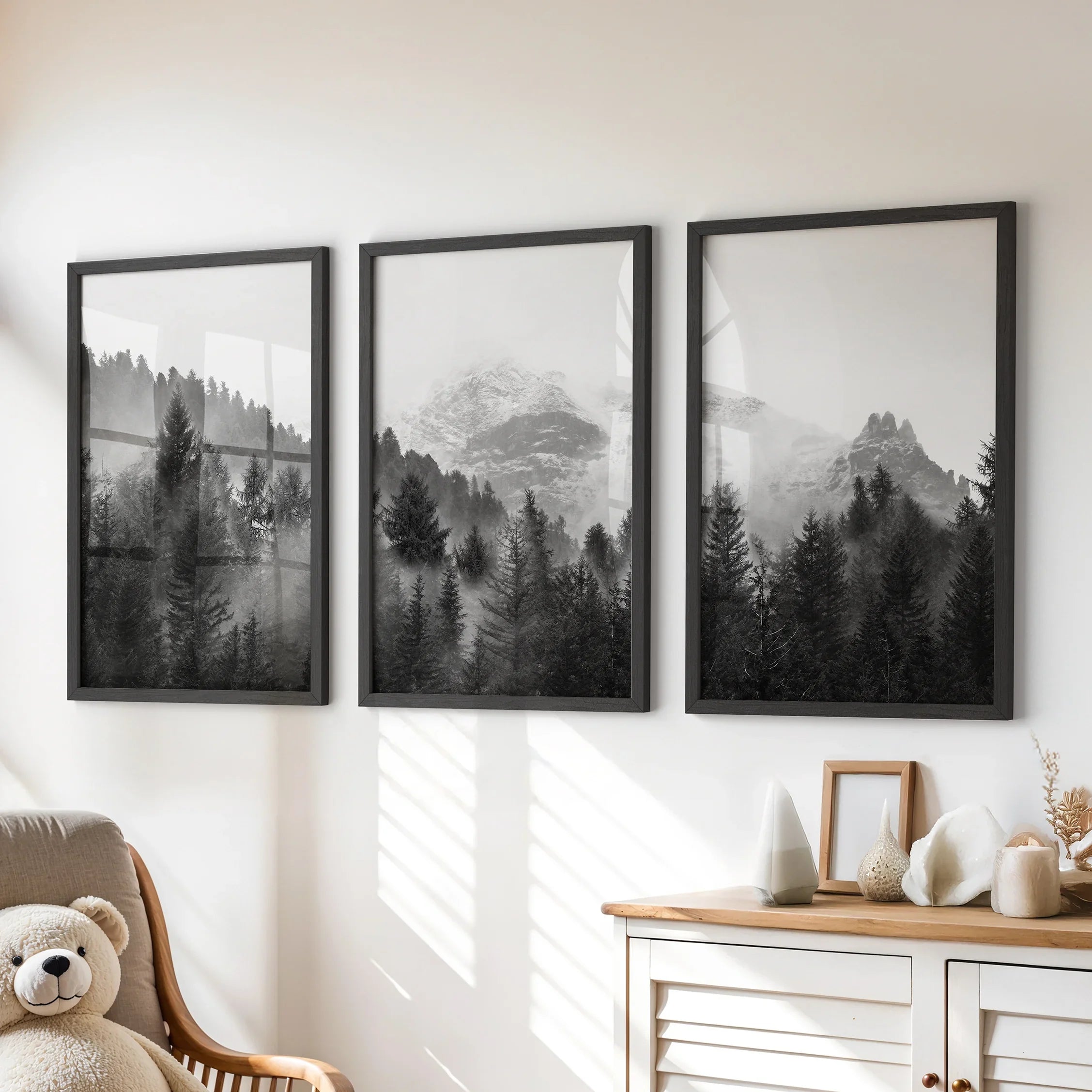 Black White Forest Triptych. Misty Mountains Nature Posters