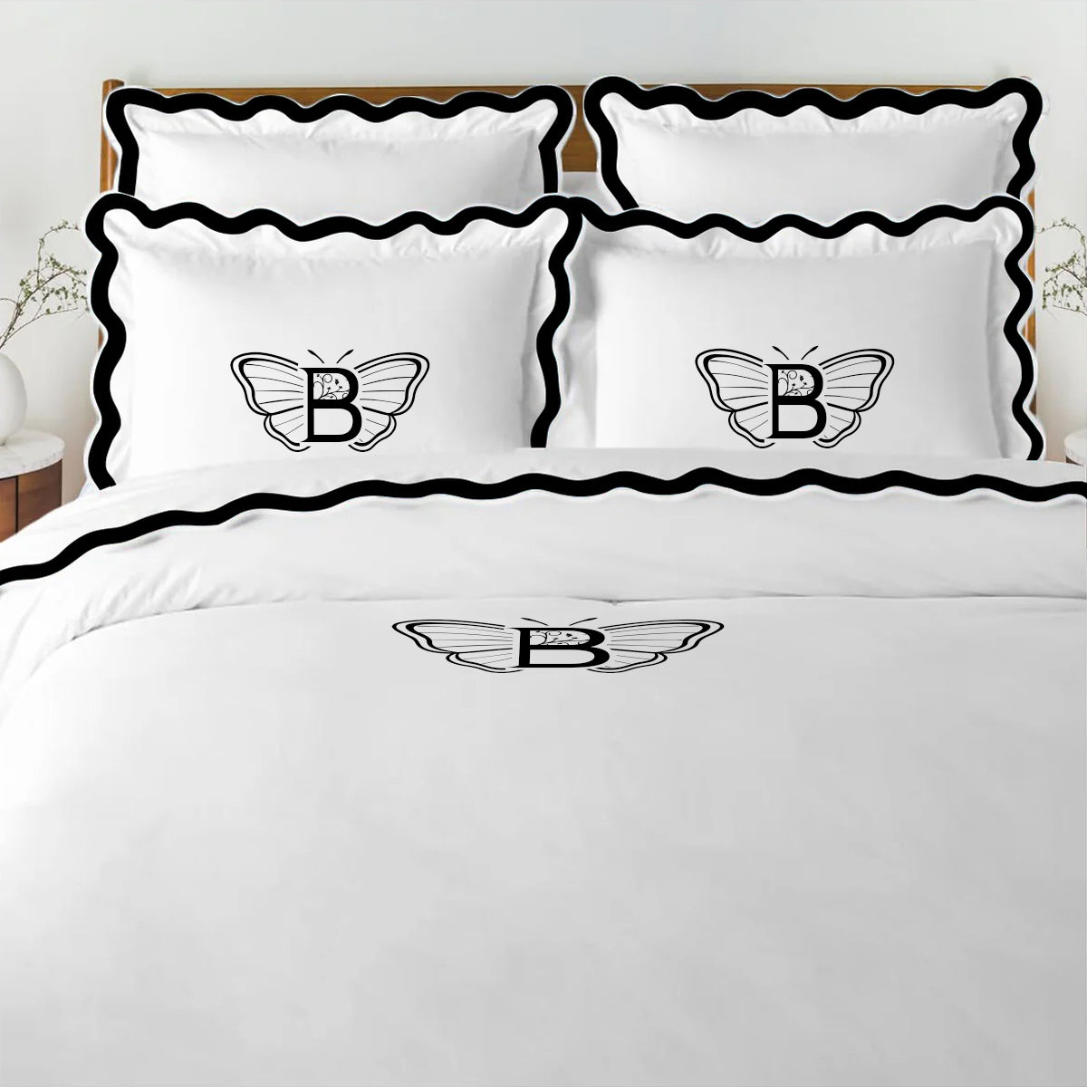 Monogram 400TC Applique Scalloped Embroidery Cotton Duvet Cover Set