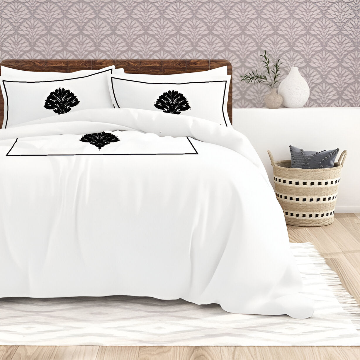 Leafy Embroidered Cotton Sateen Duvet Cover Set