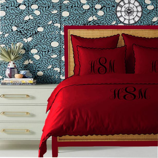 Monogram Burgundy 400TC Cotton Small Scallop Embroidery Duvet Cover Set
