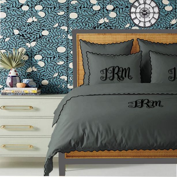Monogram Dark Grey 400TC Cotton Small Scallop Embroidery Duvet Cover Set