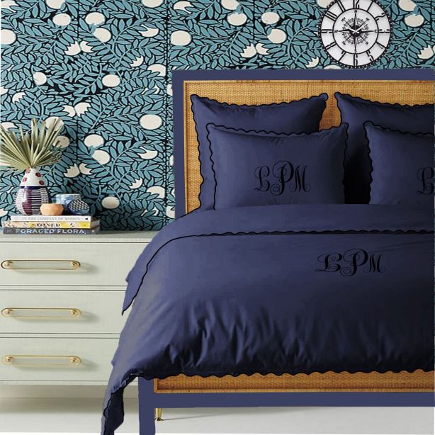 Monogram Navy 400TC Cotton Small Scallop Embroidery Duvet Cover Set