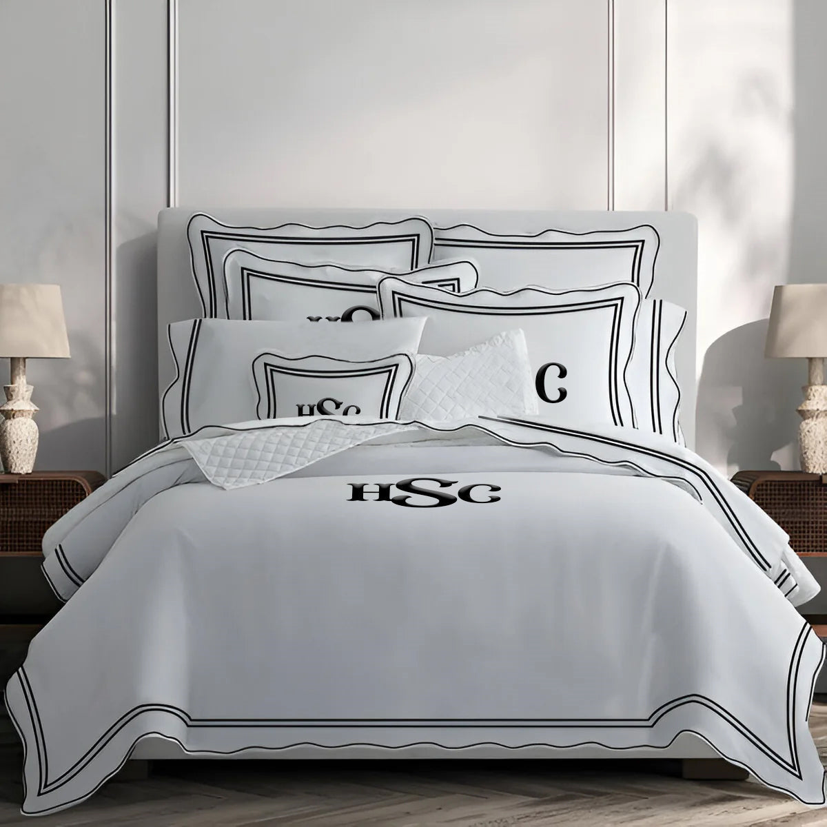 Monogram 400TC Wavy Embroidery & Border Cotton Sateen Solid Duvet Cover Set