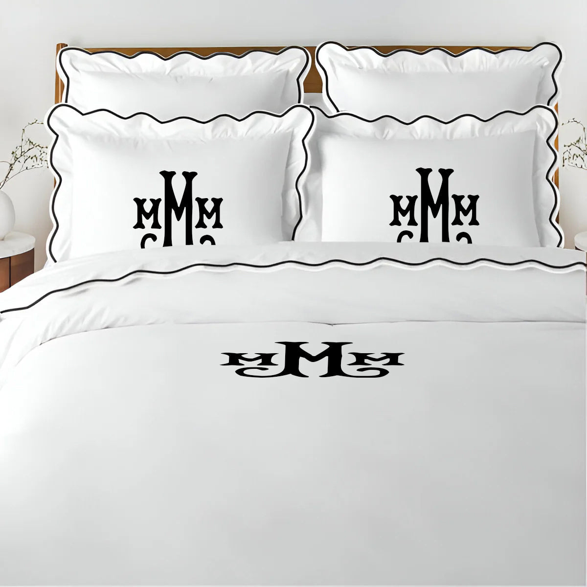 Monogram 400TC Cotton Scallop Embroidery Sateen Solid Duvet Cover Set