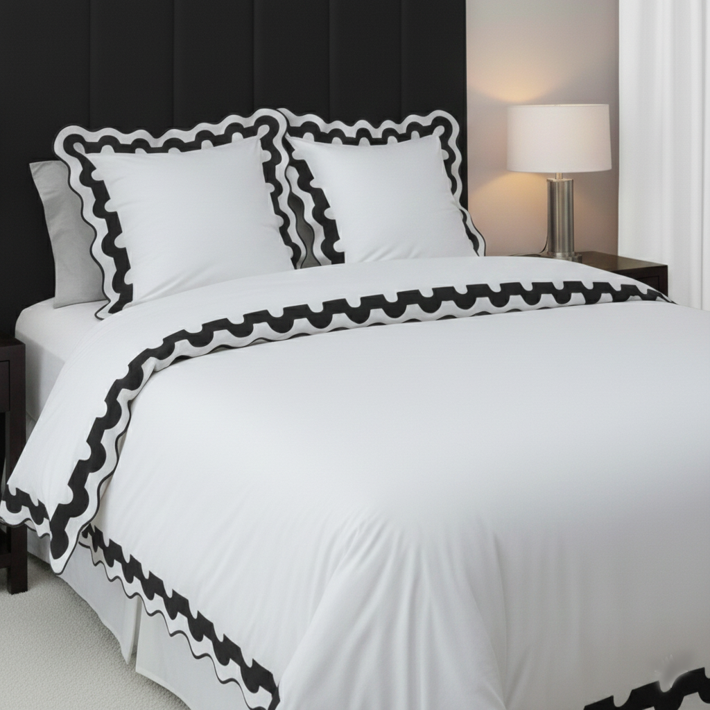 400TC U Shape Applique Scalloped Embroidery Cotton Duvet Cover Set