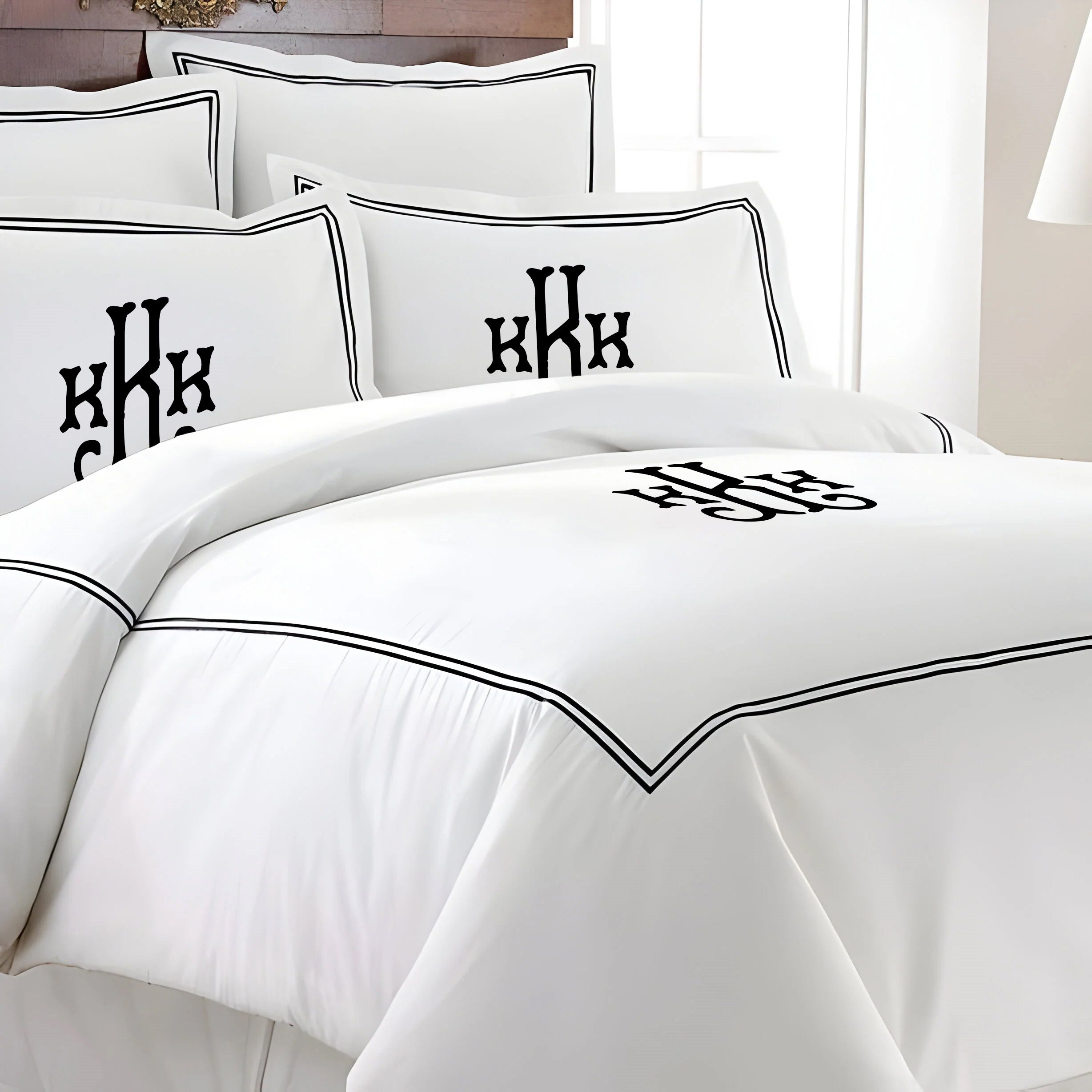 Monogram 400TC Cotton Double Embroidery Sateen Solid Duvet Cover Set