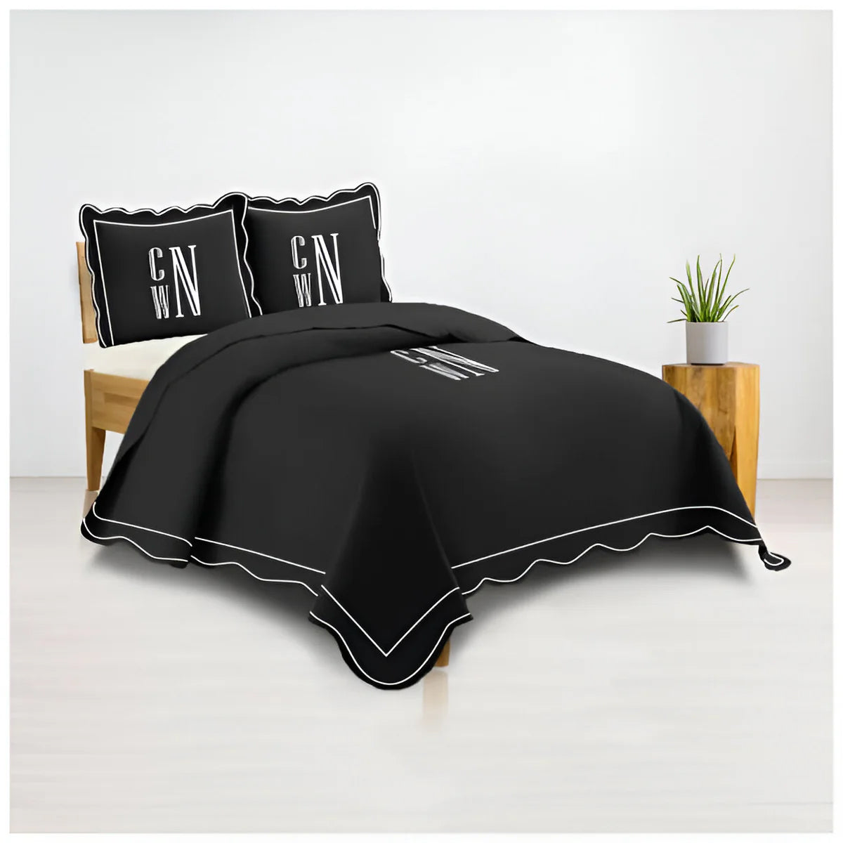 Monogram 400TC Luxurious Wavy Embroidery & Border Cotton Sateen Duvet Cover Set