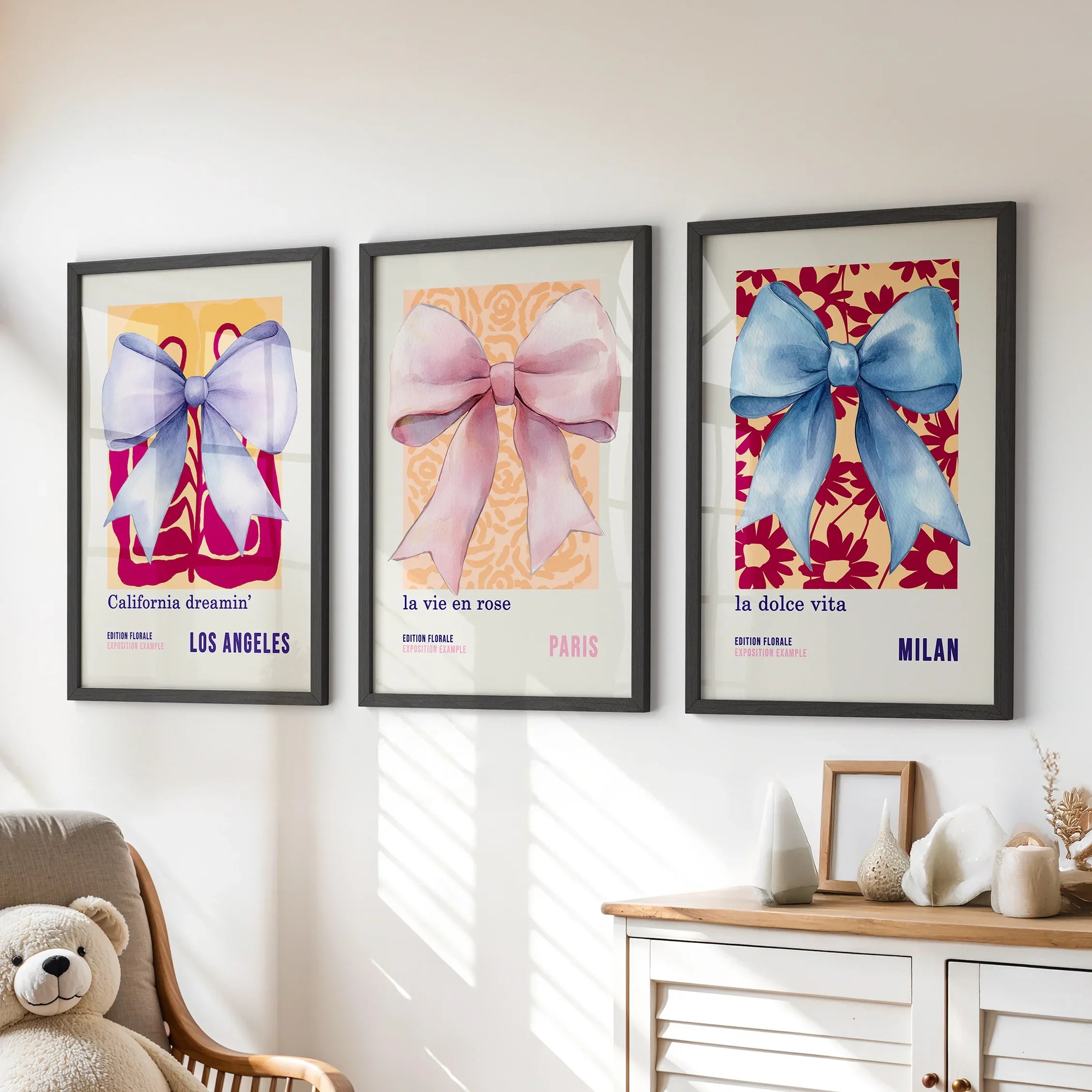 Girly Bow Wall Art Trio. Preppy Pastel Fashion Quotes Posters