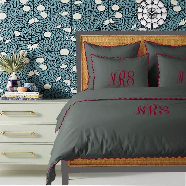 Monogram Dark Grey 400TC Cotton Small Scallop Embroidery Duvet Cover Set