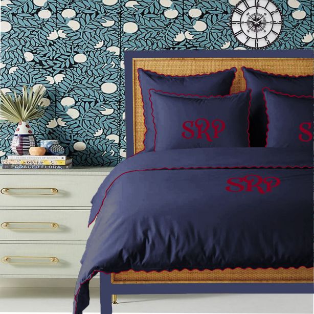 Monogram Navy 400TC Cotton Small Scallop Embroidery Duvet Cover Set