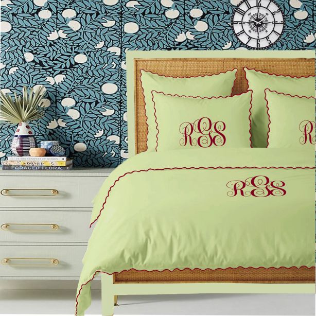 Monogram Sage 400TC Cotton Small Scallop Embroidery Duvet Cover Set