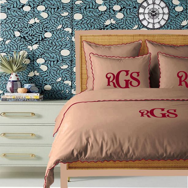 Monogram Taupe 400TC Cotton Small Scallop Embroidery Duvet Cover Set