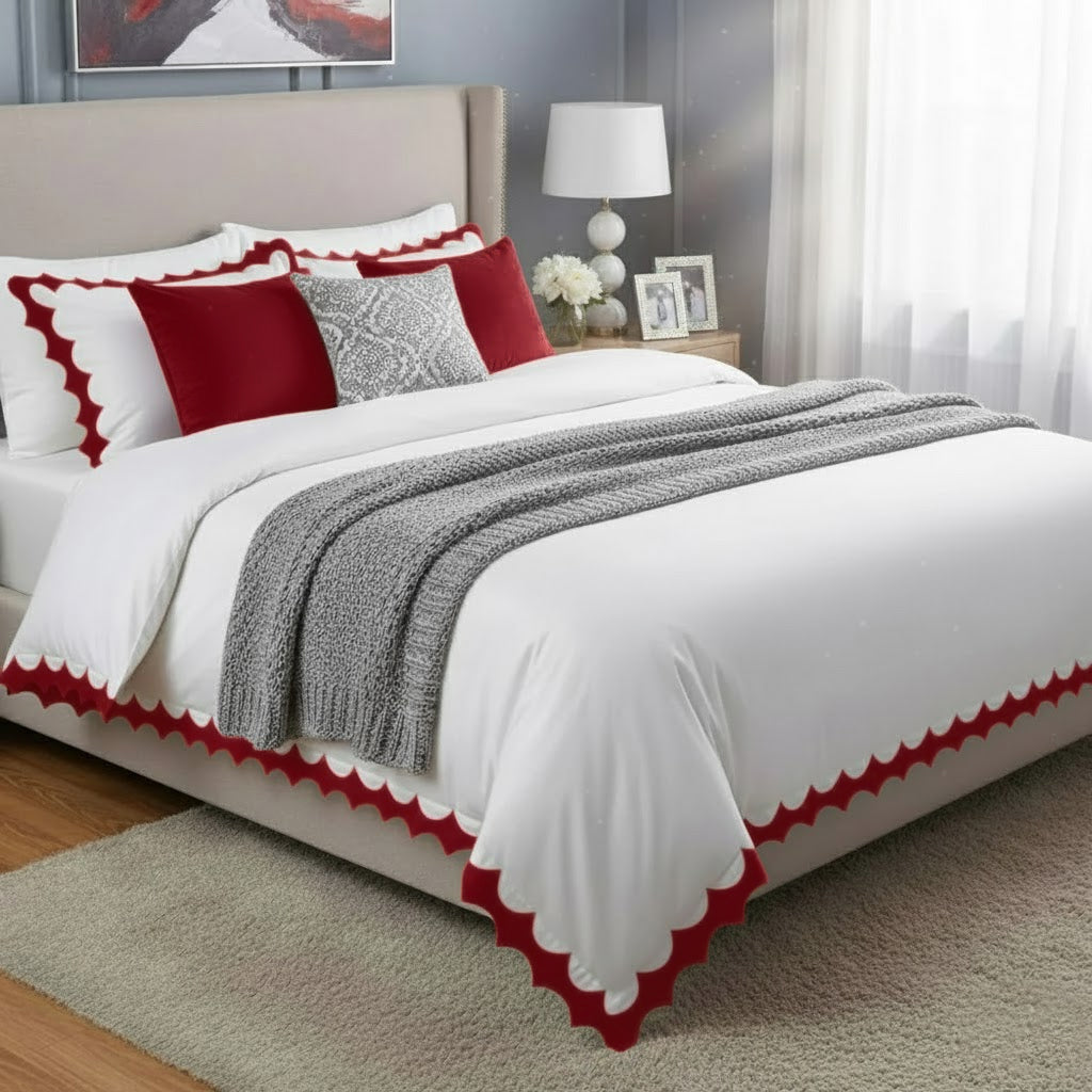 Reverse Scalloped Applique Embroidery Cotton Duvet Cover Set