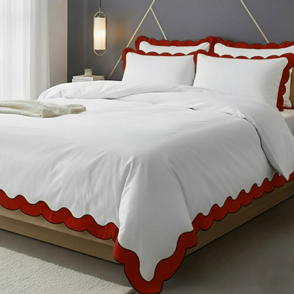Scalloped & Wavy Applique Embroidery Cotton Duvet Cover Set