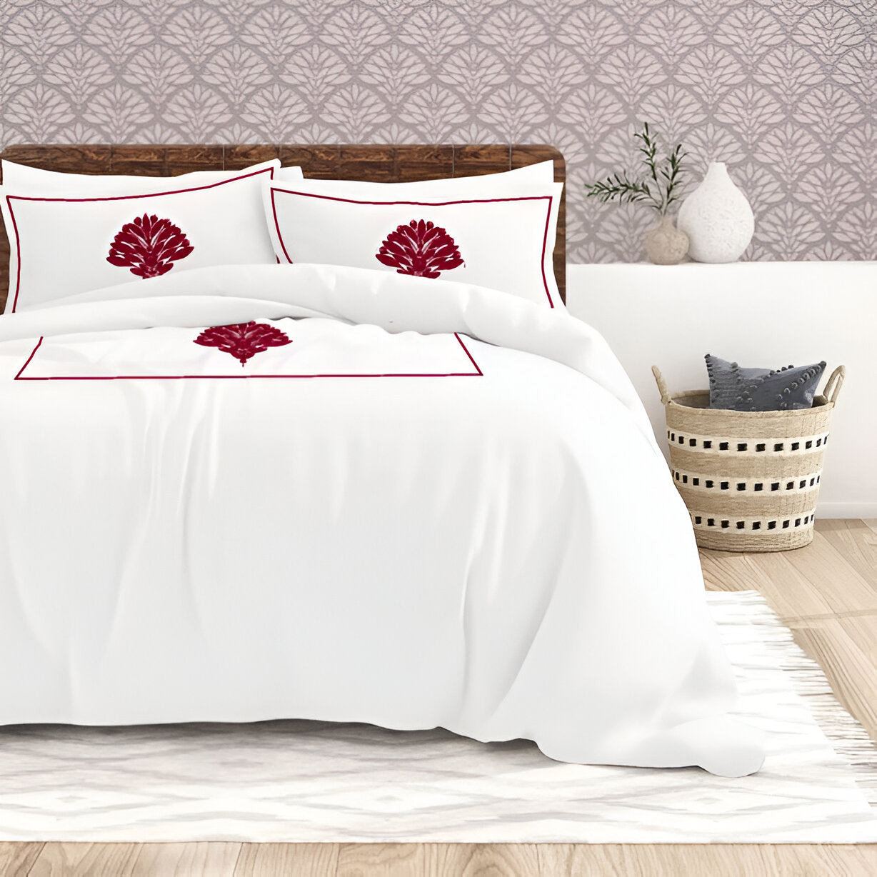 Leafy Embroidered Cotton Sateen Duvet Cover Set