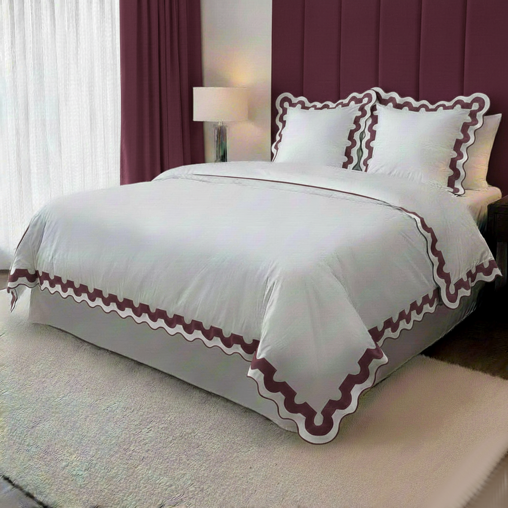 400TC U Shape Applique Scalloped Embroidery Cotton Duvet Cover Set