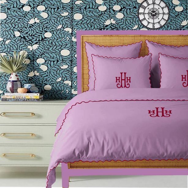 Monogram Lilac 400TC Cotton Small Scallop Embroidery Duvet Cover Set