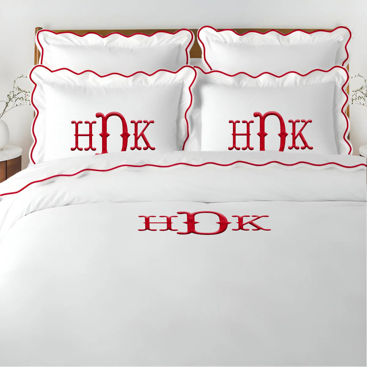 Monogram 400TC Cotton Scallop Embroidery Sateen Solid Duvet Cover Set