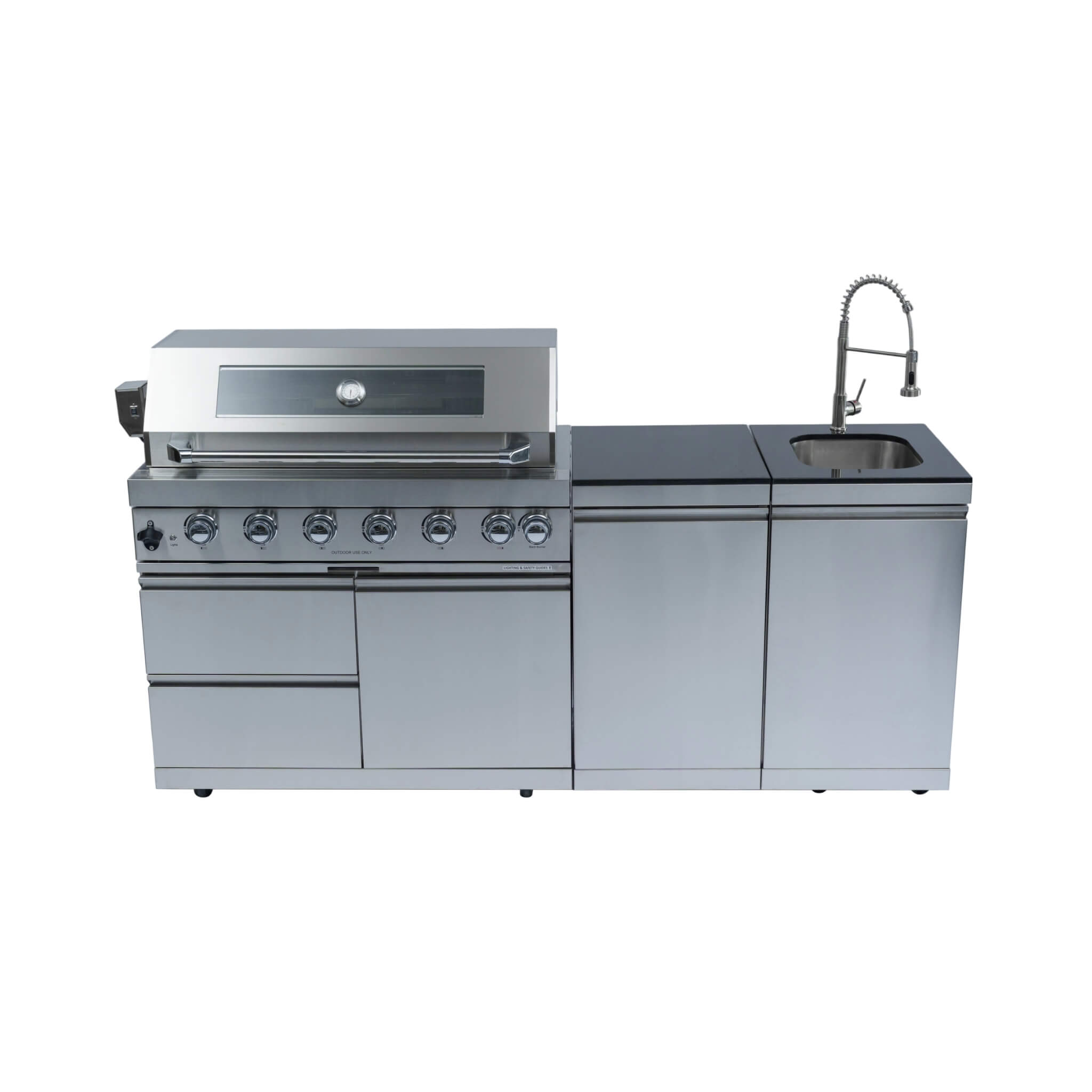 Castelle Flame Valmont 43-Inch 6-Burner 85K BTU Outdoor BBQ Kitchen Grill Island With Granite Countertops, Rotisserie Kit, Cabinets, And Sink (SAK73518)