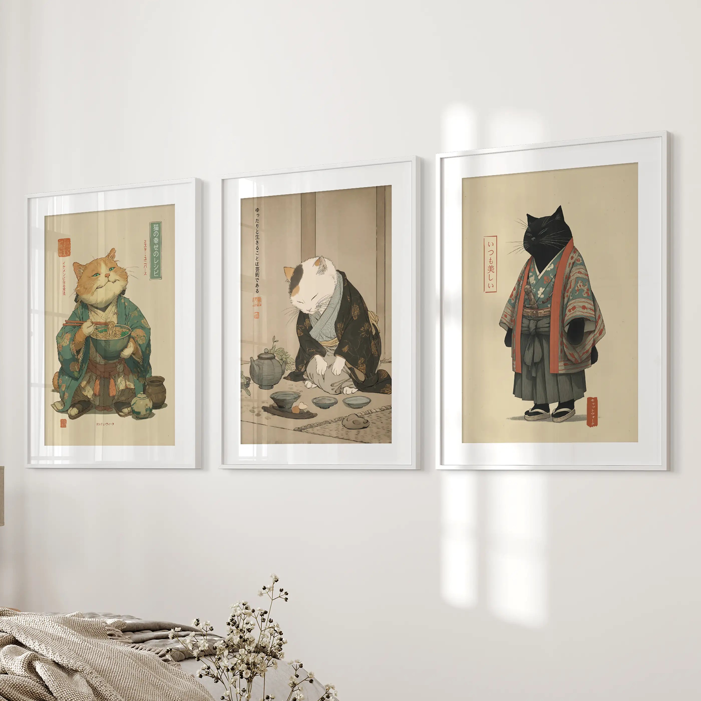Japanese Ukiyo-e Style Cat Wall Art Set of 3. Tea Ceremony