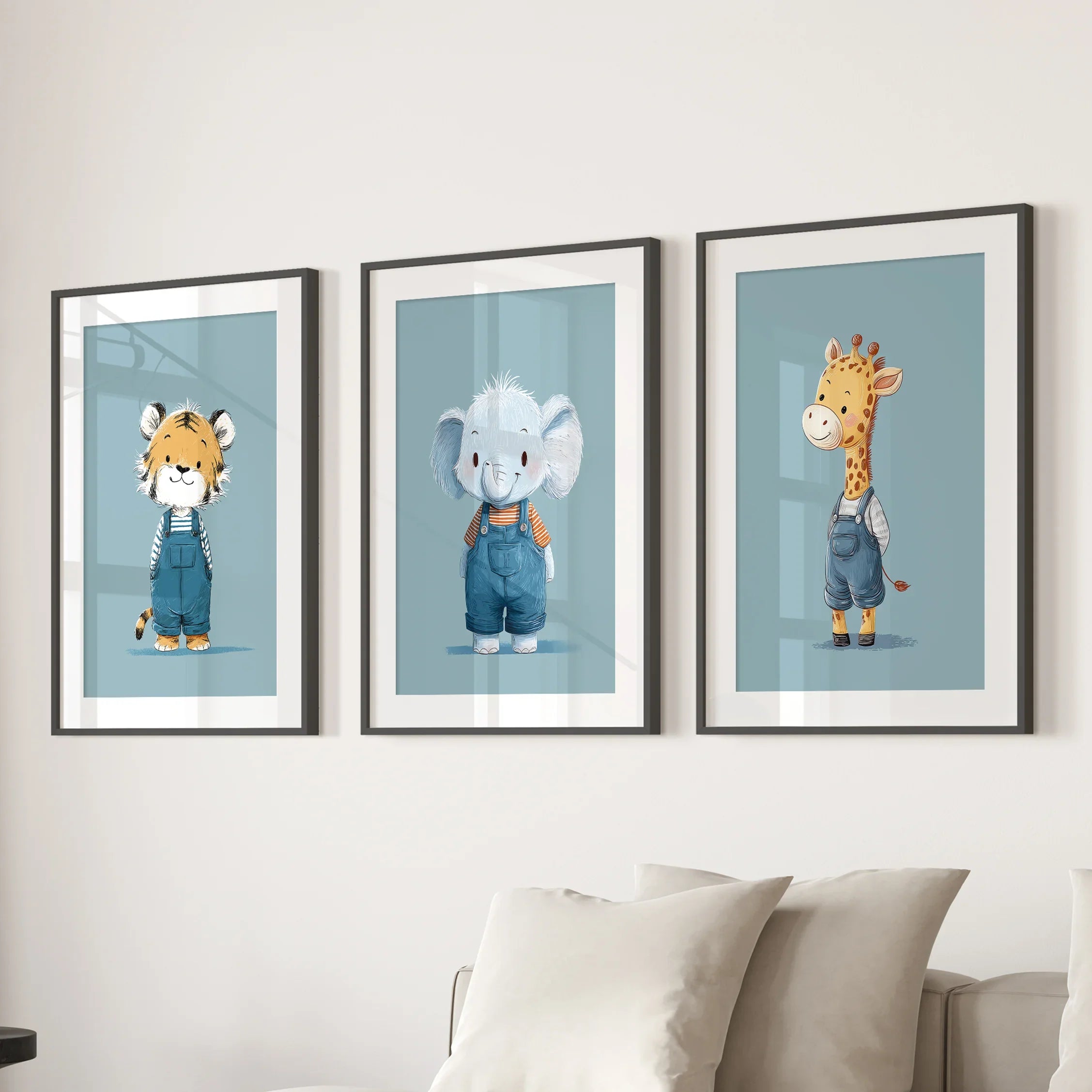 Safari Nursery Wall Art Set of 3. Baby Elephant, Giraffe, Tiger