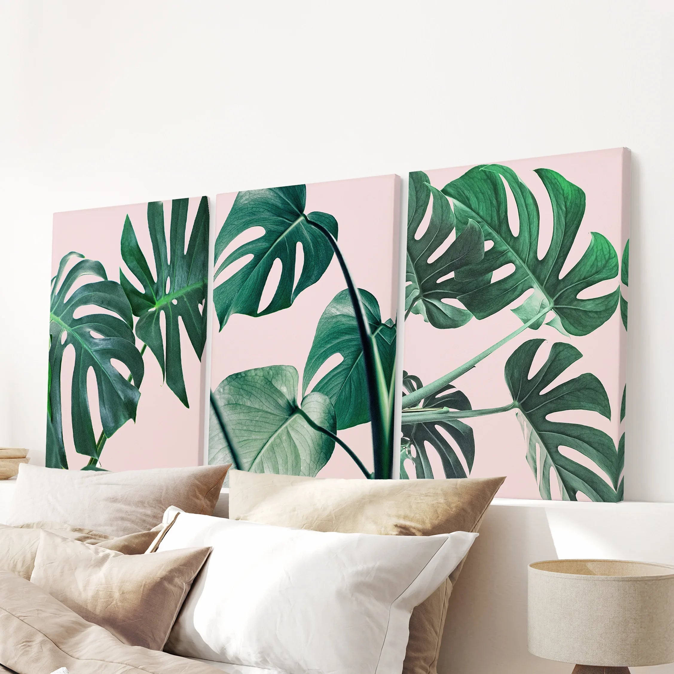 Pink Botanical 3 Piece Wall Art. Green Monstera Leaves Print