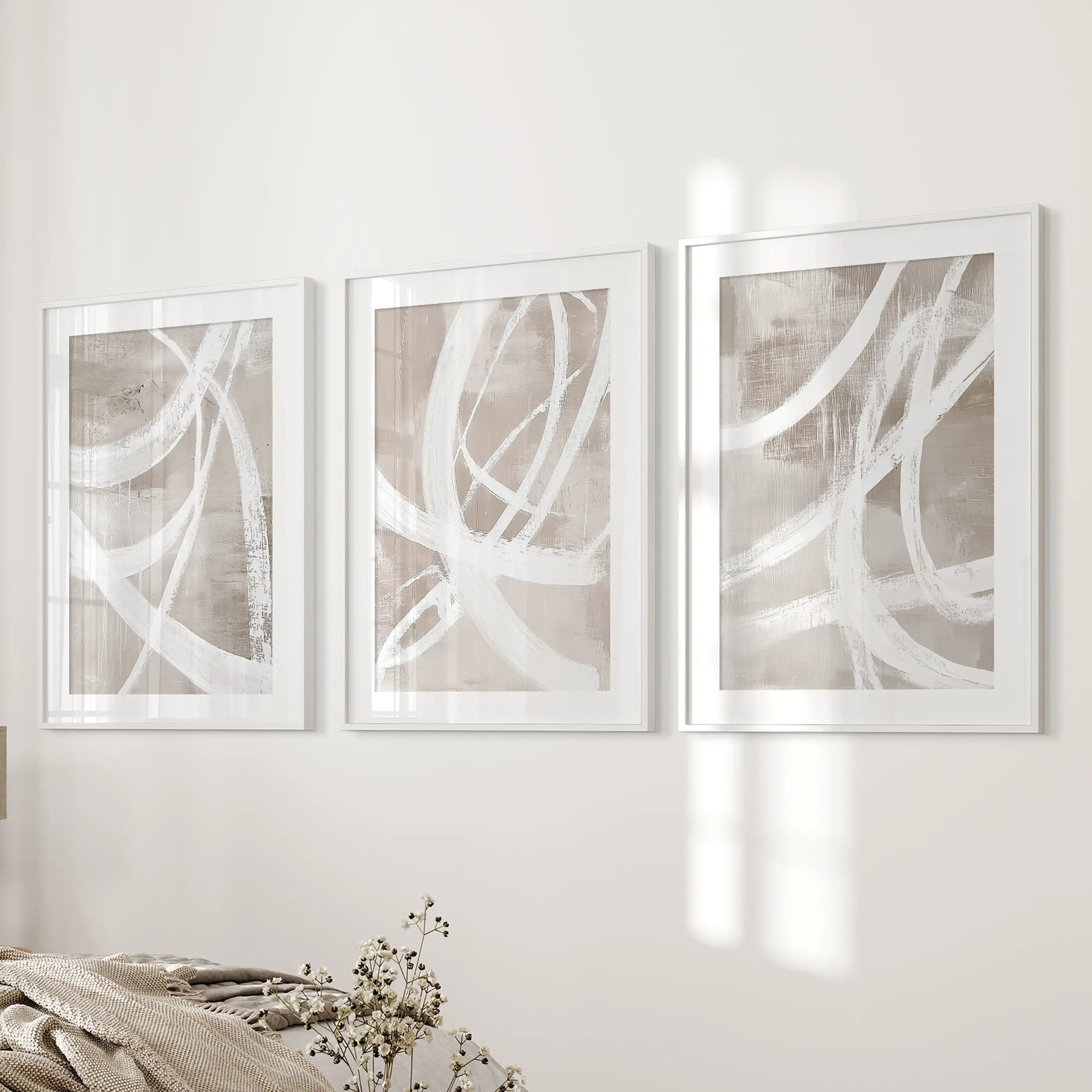 Modern Minimalist Abstract Triptych. Neutral Brush Stroke Art