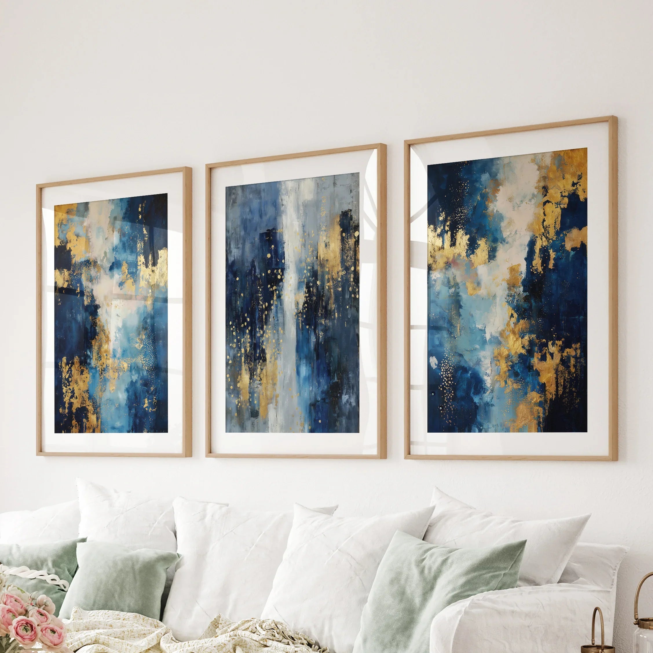 Elegant Navy and Gold Art Set of 3. Contemporary Abstract Prints