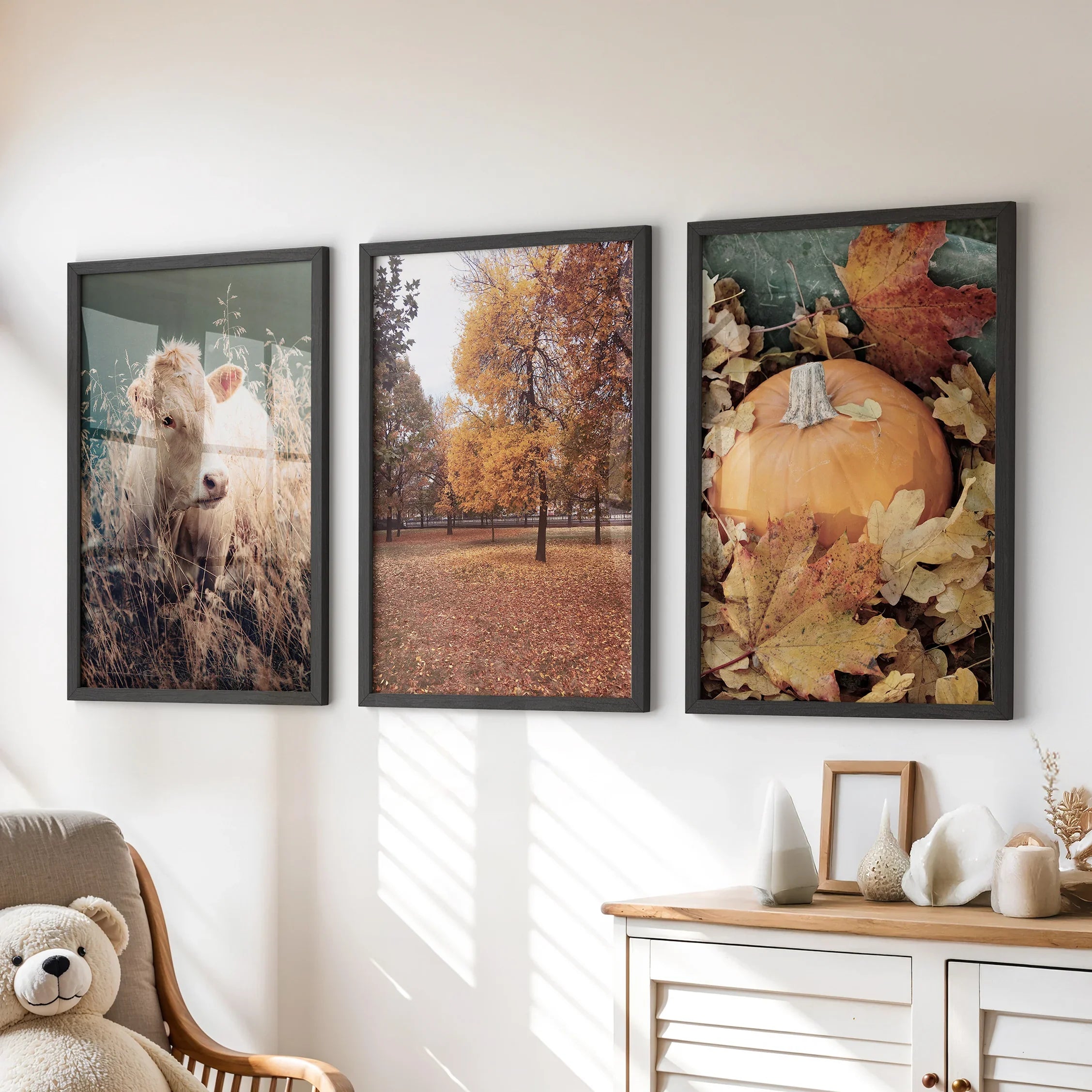 Autumn Farmhouse Prints. Cow, Fall Trees, Pumpkin Decor