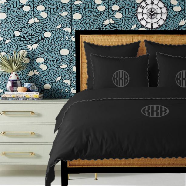 Monogram Black 400TC Cotton Small Scallop Embroidery Duvet Cover Set