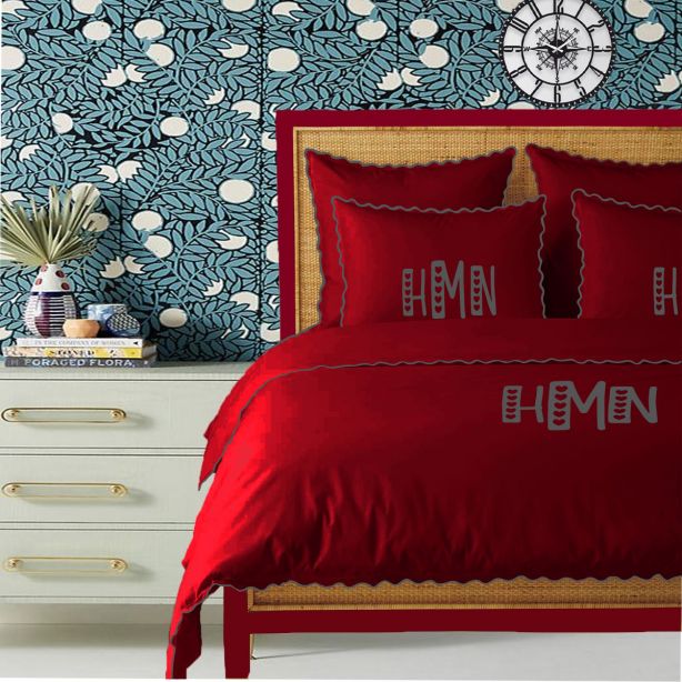 Monogram Burgundy 400TC Cotton Small Scallop Embroidery Duvet Cover Set